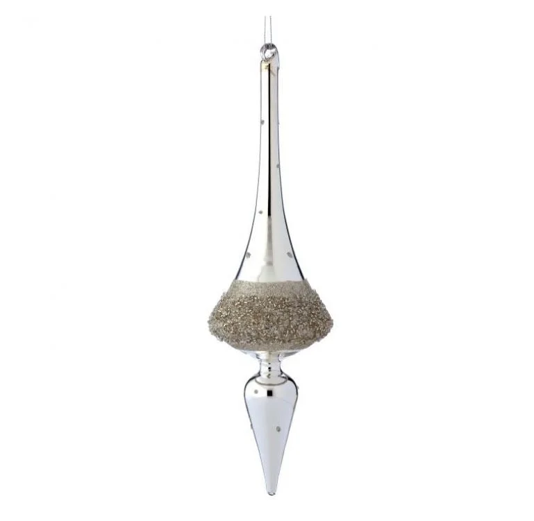 Christmas Snow Covered Roof 12" Silver With Champagne Beaded Finial Ornaments Set Of 6