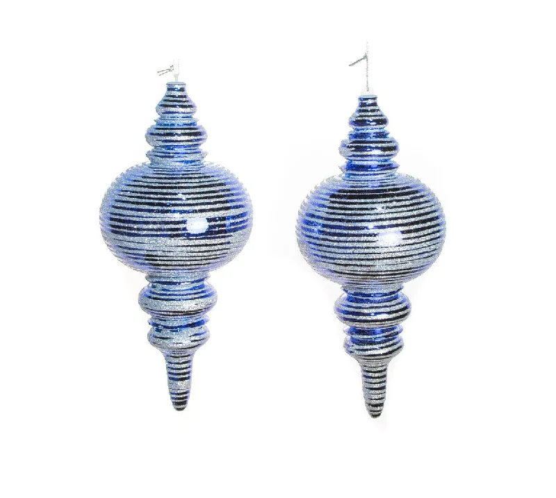Christmas Holiday Candlelight 13" Blue & Silver Shiny Glitter Finial Set Of 2