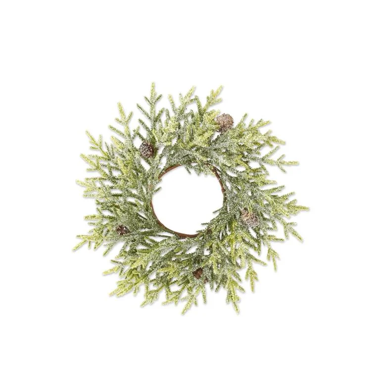 14 Inch Snowy Juniper Candle Ring w/Mini Pinecones