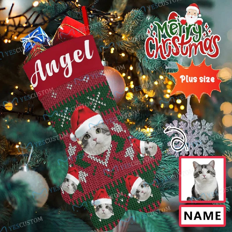 Christmas Festive Wrapping 16.6in(L) Plus Size-Custom Pet Face Red And Green Background & Name Socks Paw Christmas Stocking Holiday Decor Gifts