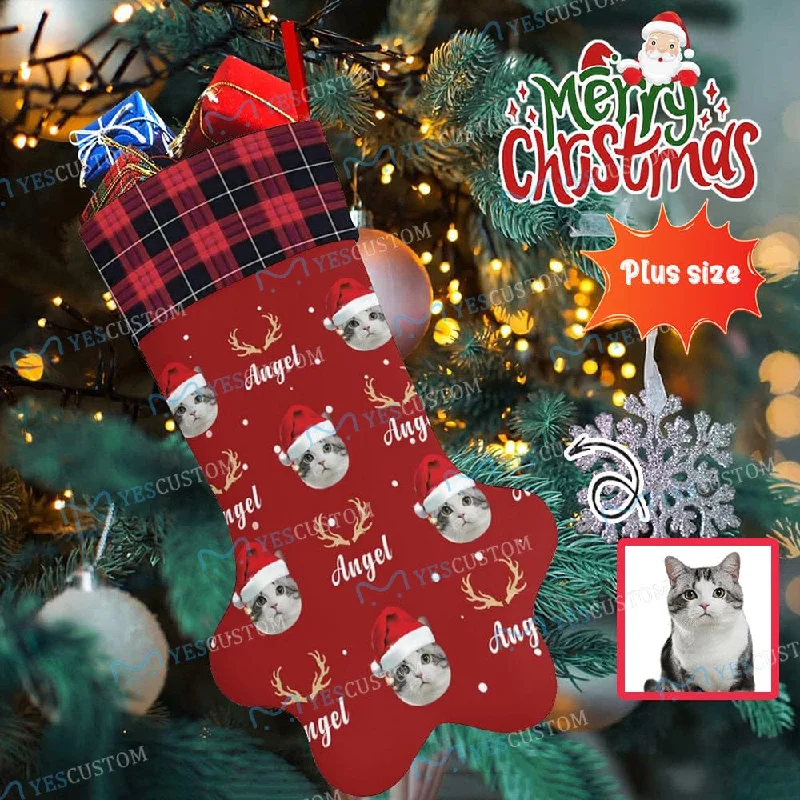 16.6in(L) Plus Size-Custom Pet Face Red Hat Socks Paw Christmas Stocking Holiday Decor Gifts