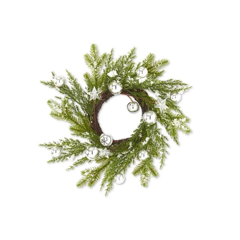 16 Inch Snowy Pine Candle Ring w/Silver Bells