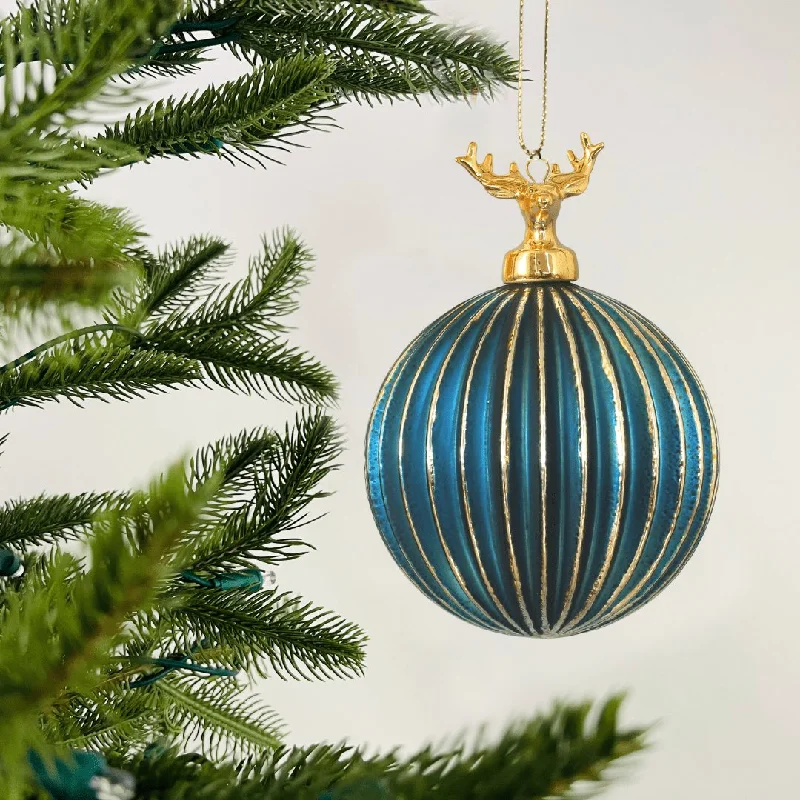 Christmas Glittering Stars Royal Blue Hand-Blown Ribbed Glass Ball Ornament