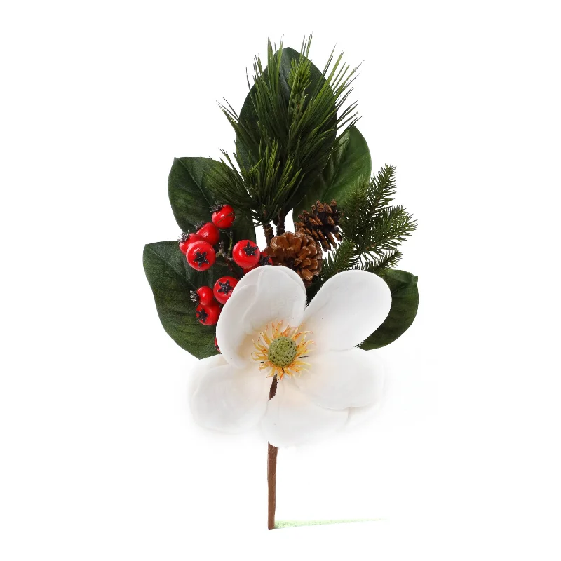 17" Magnolia Pick with Pine Cones & Red Berries 2024 Christmas Collection