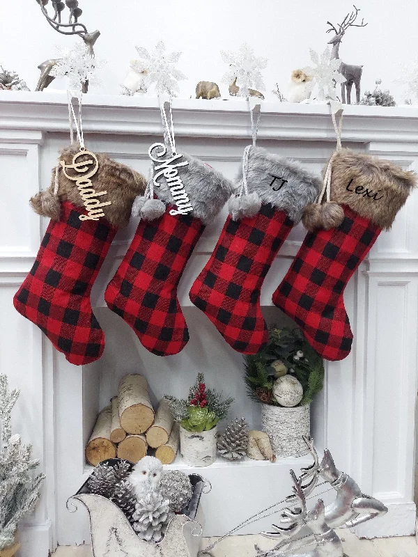 Christmas Holiday Traditions 19" Buffalo Plaid Brown & Grey Faux Fur Christmas Stockings | Red Black Check Cabin Farmhouse Outdoorsmen Personalized  Family Name Tag Wood