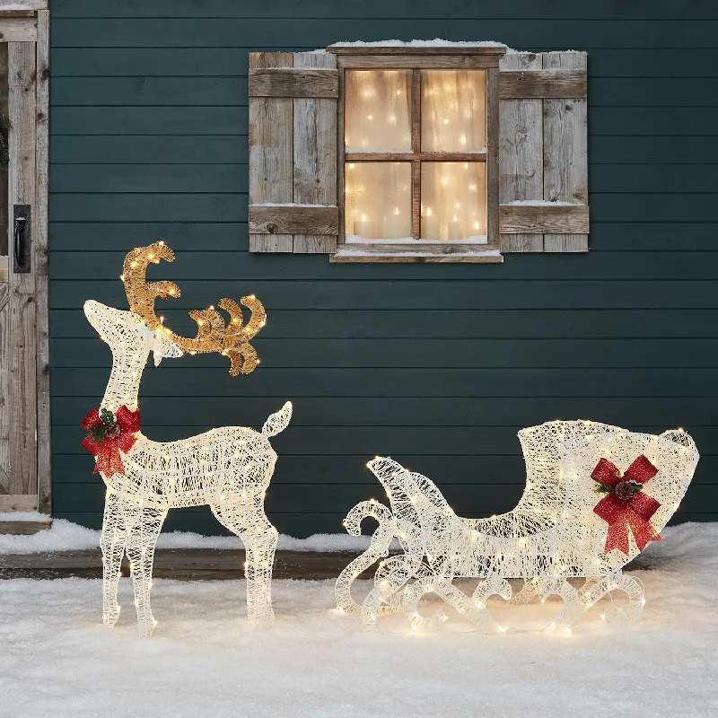 Christmas Winter Wonderland Decor 1m Large Harewood Spun Cotton LED Light Up Reindeer & Sleigh