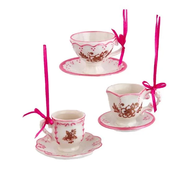 Christmas North Pole 2" Pink Tea Cup Ornament Set Of 6
