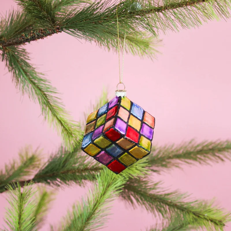Christmas Santa Workshop 2" Rubiks Cube Glass Ornament Set Of 6