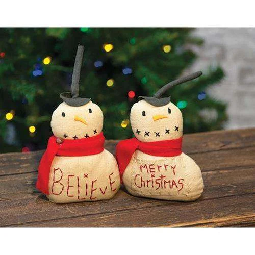 Christmas Red And White 2/Set, Believe and Merry Christmas Fabric Snowmen