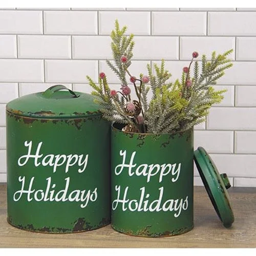 2/Set, Distressed Green Metal "Happy Holidays" Containers