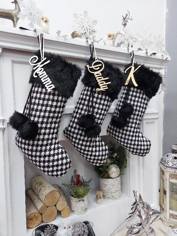 Christmas White Reindeer 20" Black White Plaid Christmas Stocking | Knit Faux Fur Pom Poms Two Tone Chic Monochromatic Holiday Decor Personalized Embroidery Name Tag