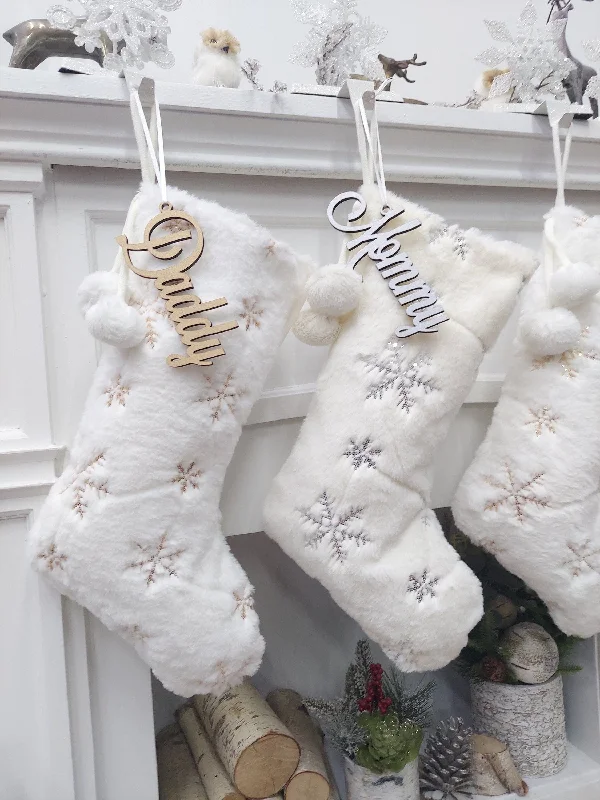 Christmas Tree Farm 20" Fuzzy Plush Snowflake Christmas Stockings | Bright White Gold Sequins Ivory Silver Sequins Holiday Decor Personalized Wood Name Tag