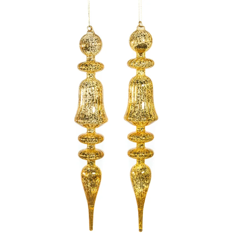 Christmas Snowfall Bliss 21" Glass Gold Finial Ornament Set Of 2