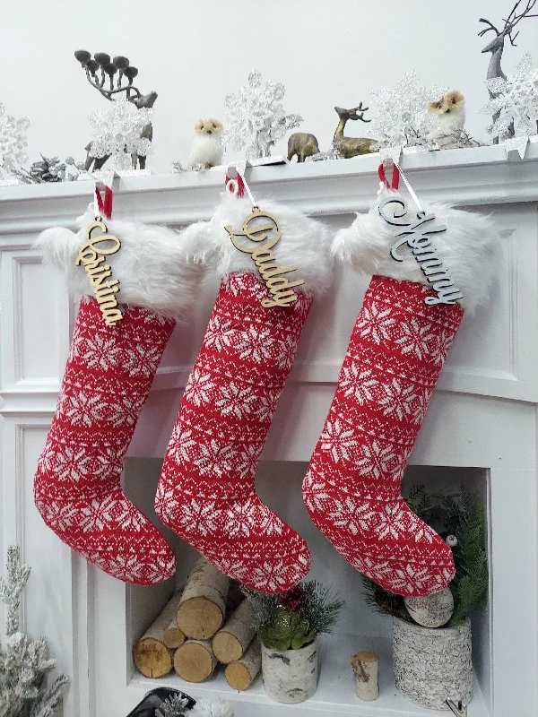 Christmas Mistletoe Magic 23" Fair Isle Snowflake Christmas Stocking | Red White Knit with Pom Poms Faux Fur Cuff Fun Festive Xmas Decor Personalized Wood Name Tag