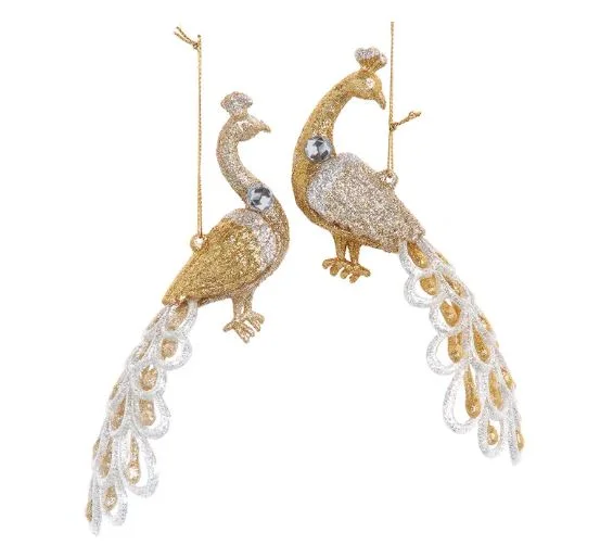 Christmas Evergreen Decorations 3.5" Gold & Platinum Peacock Ornament Set Of 6