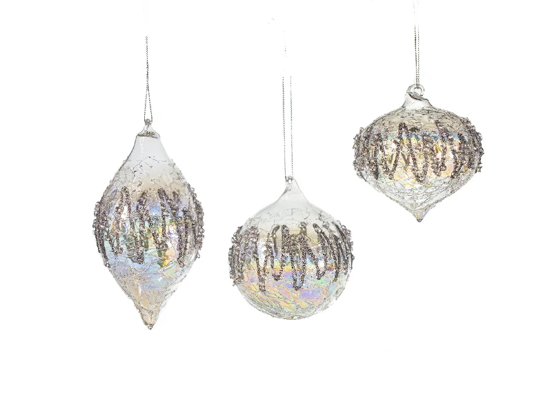 3" Iridescent Glass With Silver Glitter Assorted Set Of 12