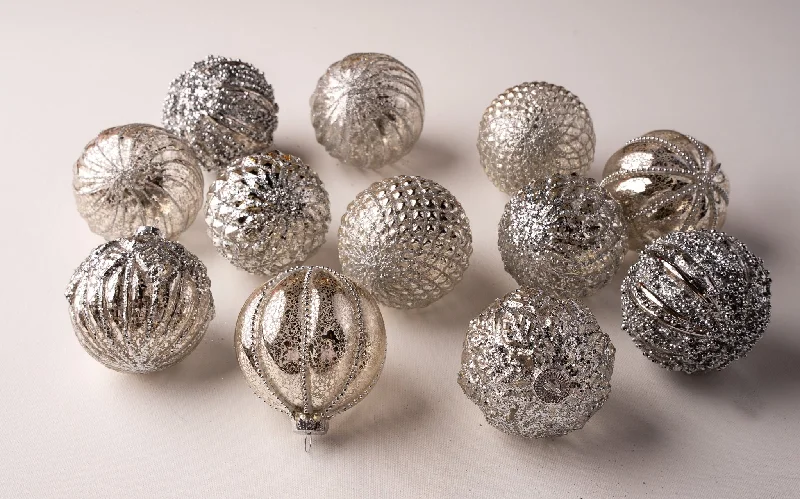 3" Glass Pewter Assorted Ball Set Of 12