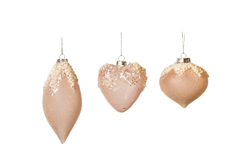 Christmas Pine Tree Farm 3" Pink Sequin & Pearls Assorted Ornament Set Of 12