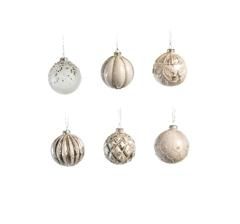 Christmas Winter Decor 3" Cream Decorative Assorted Glass Ornamentl Set Of 12