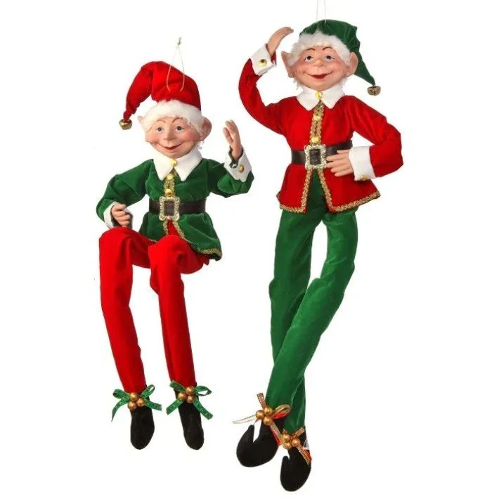 Christmas Joyful Laughter 30" Fabric Red & Green Tidings Bendable Elf Ornament Assorted Set Of 2