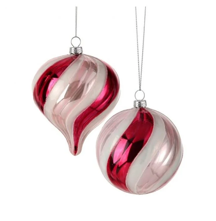 Christmas Hot Cocoa 4"-4.5" Pink & White Ball &  Onion Ornament Set Of 6