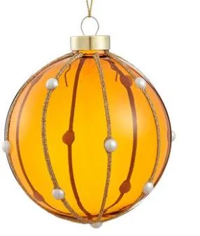 Christmas Twinkling Lights 4" Amber Gold Glitter Pearl Glass Ball Ornament Set Of 6