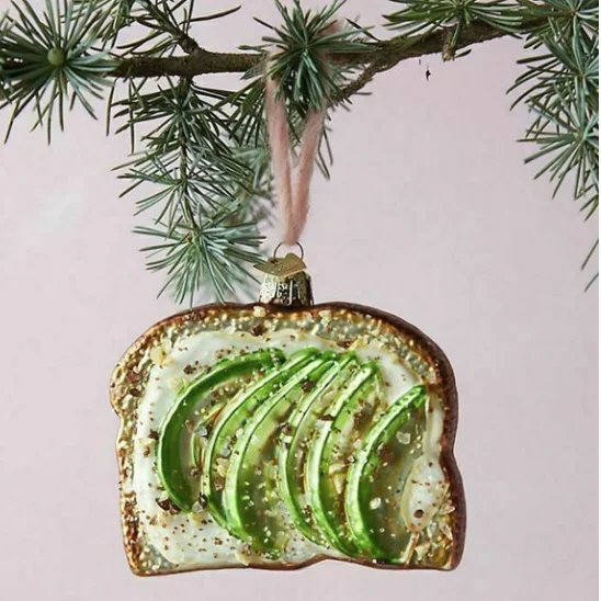 Christmas Holiday Greetings 4" Avocado Toast Glass Ornament Set Of 6