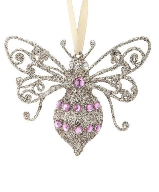 Christmas Holiday Decor 4" Bee Ornament With Pink Gem Set Of 6