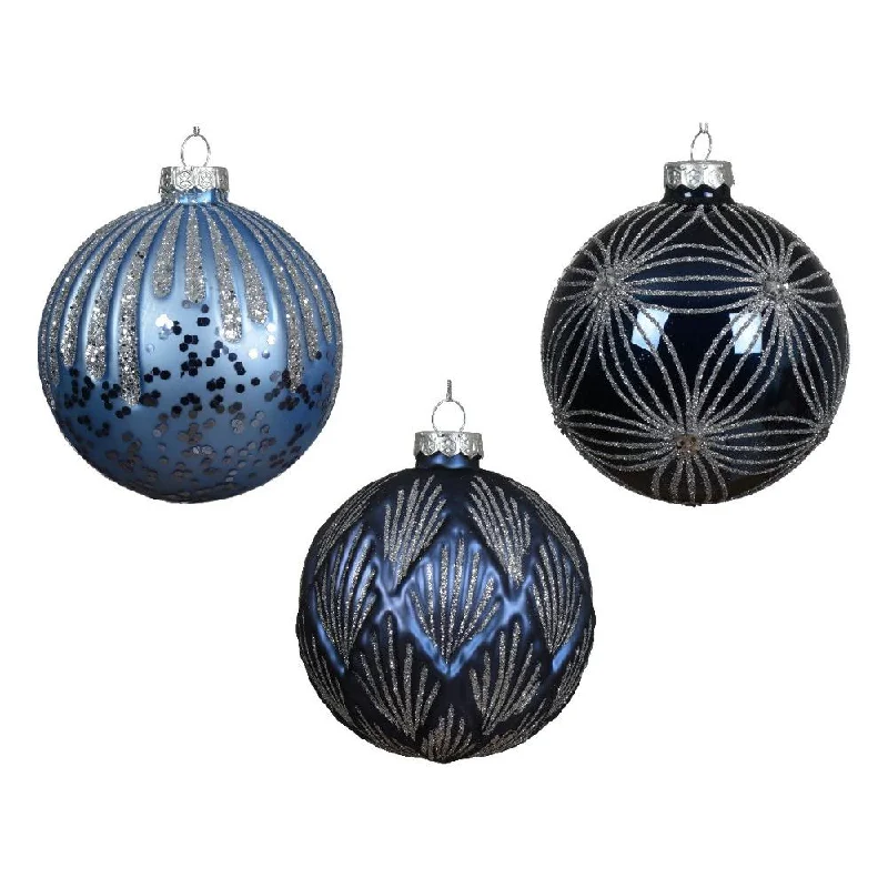 4" Blue Glitter Glass Ornament Set Of 12