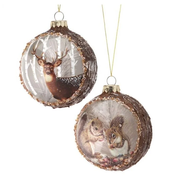 Christmas Snowy Windows 4" Deer & Squirrel Ball Ornament Set Of 6