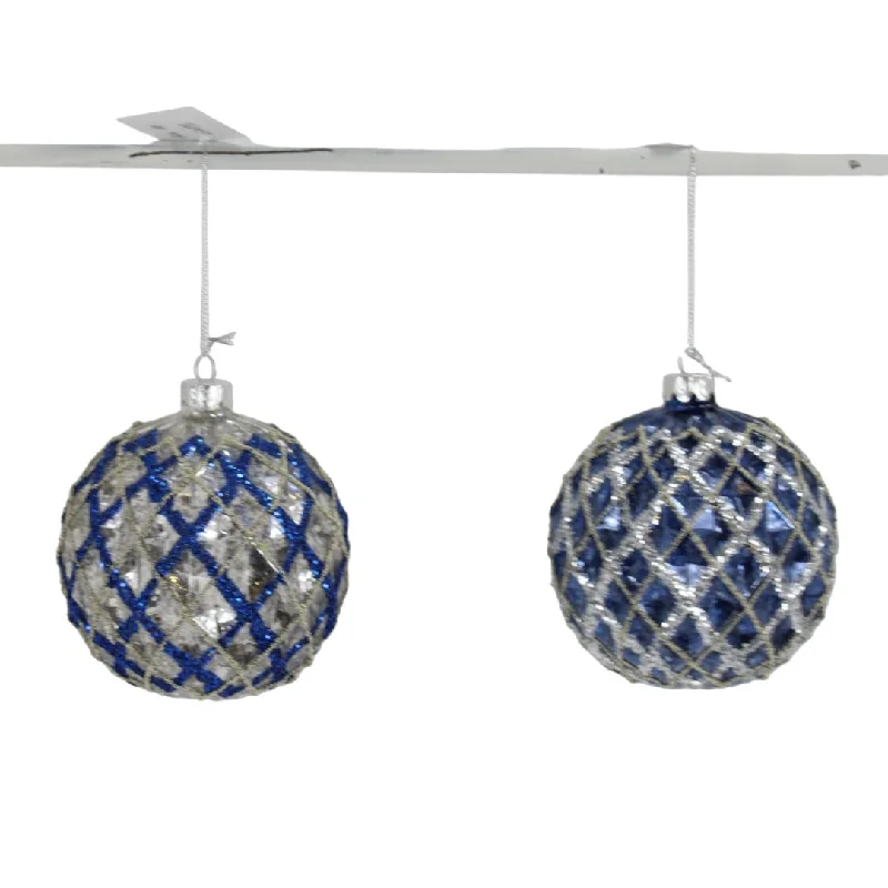 Christmas Classic Traditions 4 in Glass Ball Ornament - Blue/Platinum