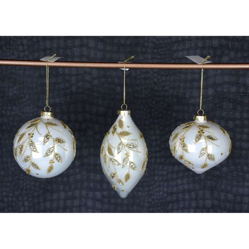 Christmas Traditional Feast 4 in Glass Jewel Leaf Ornament - Ivory/Gold