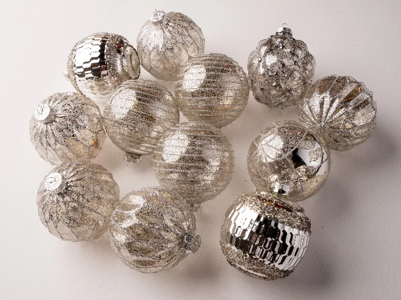 4" Pewter Glass Ball Ornament Assorted Set Of 12