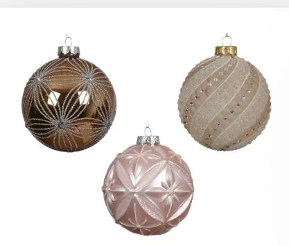 4" Pink & Brown Glitter Glass Ornament Set Of 12