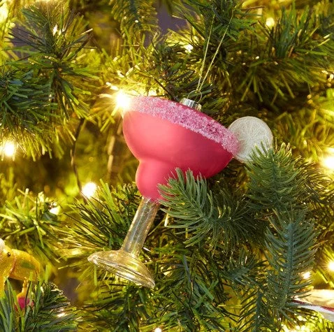 Christmas Snow Covered Village 4" Pink Margarita Glass Ornament Set Of 6
