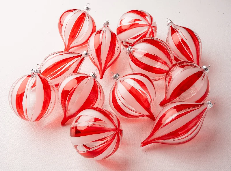 4" Red & Clear Striped Ornament Assorted Set Of 12