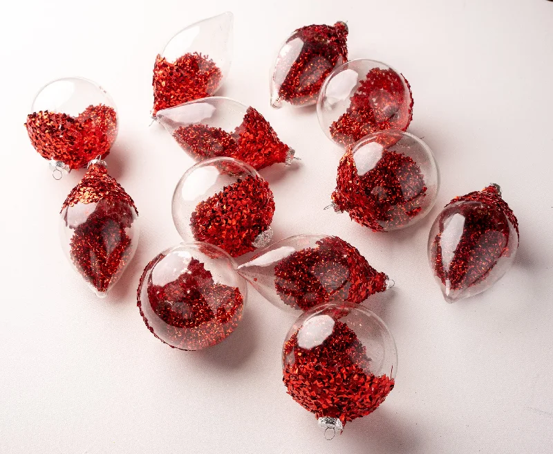 4" Red Glitter Ornaments Filled With Red Beads Assorted Set Of 12