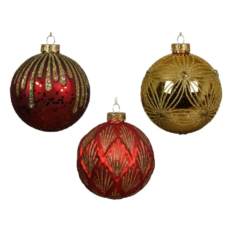 4" Red & Gold Glitter Glass Ornament Set Of 12