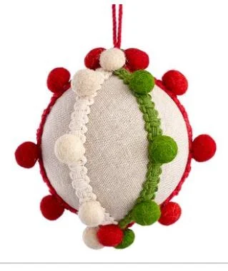Christmas Snow Covered Village 4" Red & Green Pompom Ball Ornament Set Of 4