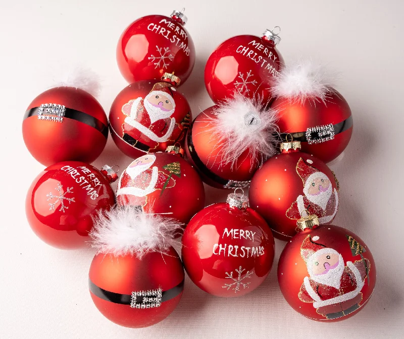 4" Red Santa Belt Glass Ball Set Of 12