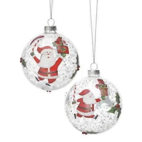 Christmas Reindeer Sleigh 4" Santa With Gifts White Ball Ornament Set Of 6