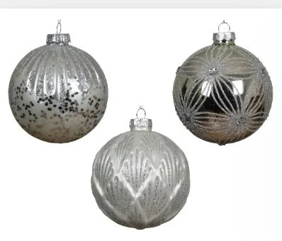 4" Silver Glitter Glass Ornament Set Of 12