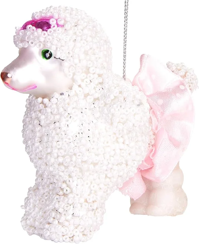 Christmas Winter Festival 4" White Poodle With Pink Skirt Glass Ornament Set Of 6