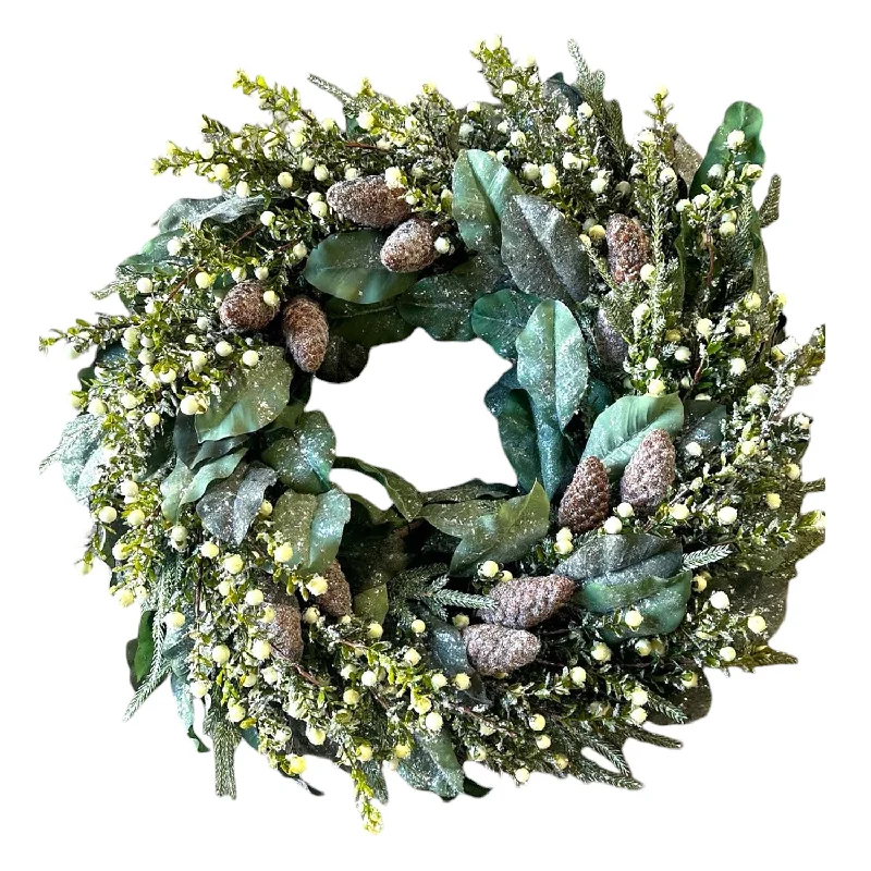 Iced Magnolia Pinecone Berry Silk Wreath - 24''