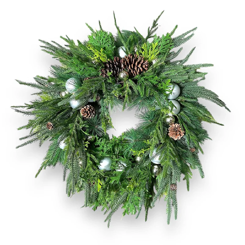 Silver Ball Evergreen Silk Wreath - 26''