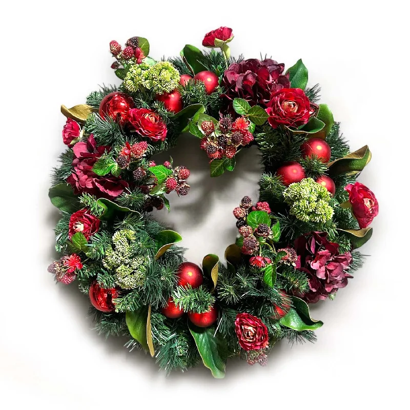 Red Ball Hydrangea Raspberry Silk Wreath - 24'' Wide