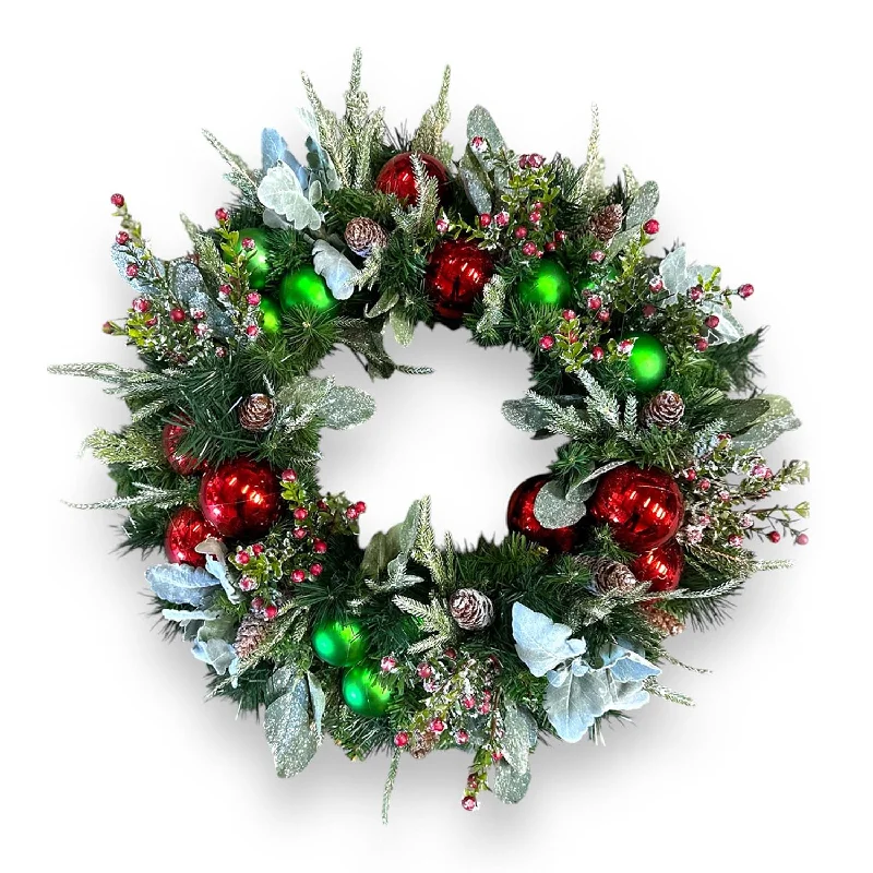 Red & Green Ball Dusty Miller Silk Wreath - 24'' Wide