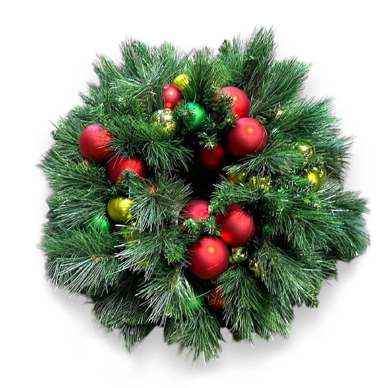 Red & Green Ball Long Needle Silk Wreath - 24''