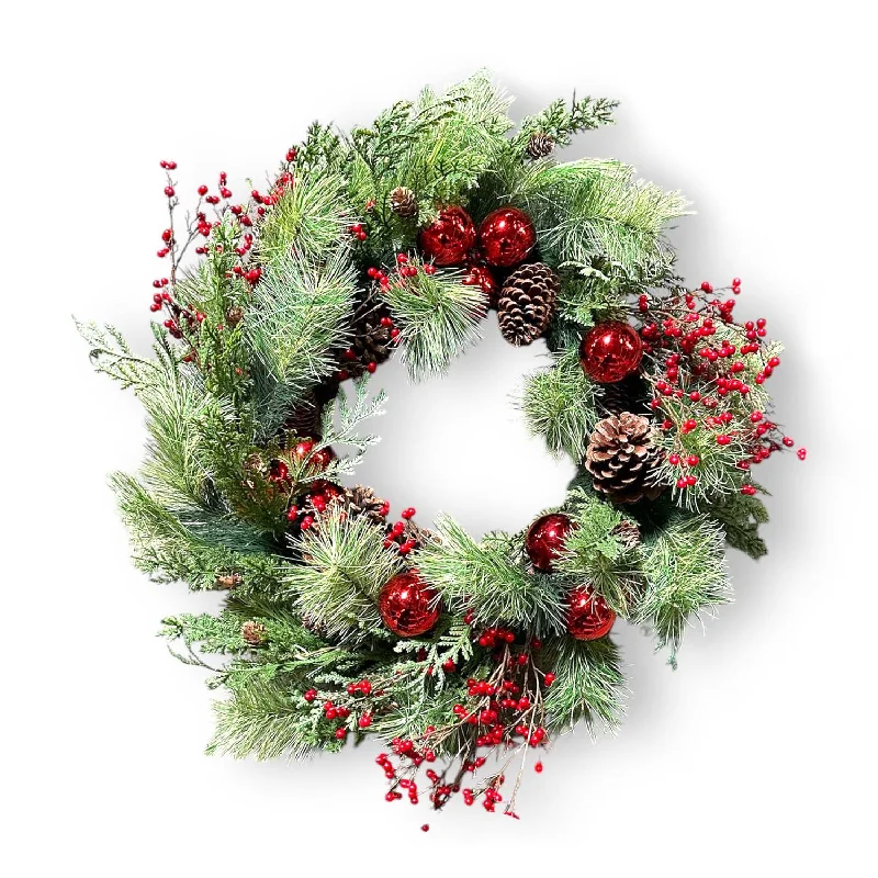 Red Ball & Berry Natural Pine Silk Wreath - 24''