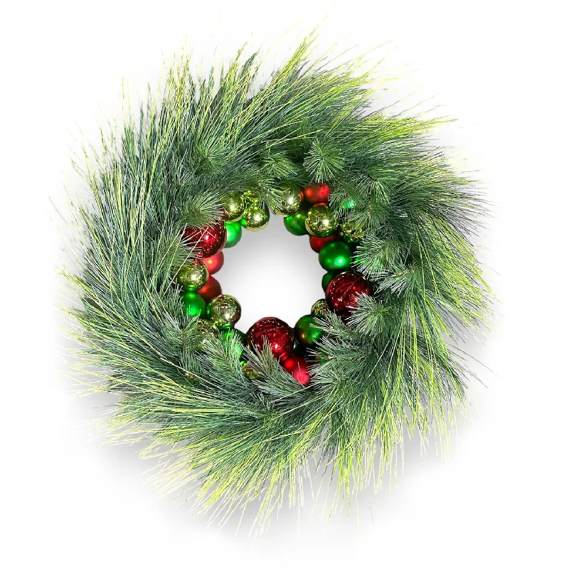 Deluxe Red & Green Ball Long Needle Silk Wreath - 24''